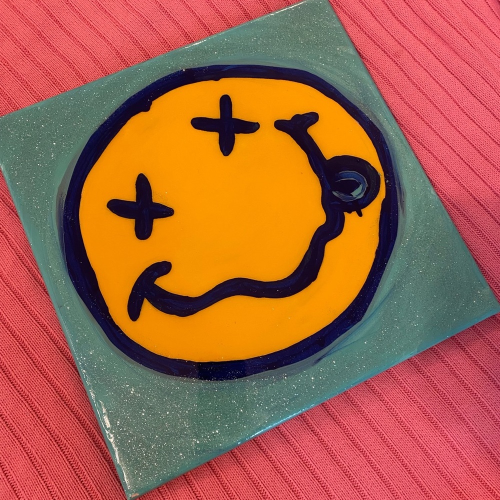 💙 Handmade original art by me 14”x14” glitter resin smiley Y2K 💙 on canvas